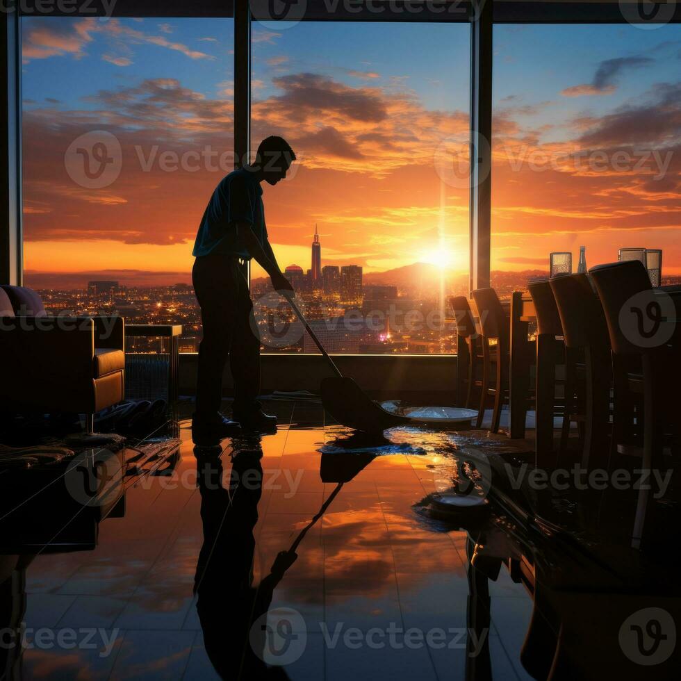 ai generato lavoratori pulizia ufficio spazi, aziende, serre nel urbano le zone, con tramonto leggero oggetti silhouette oggetti, buio nero foto