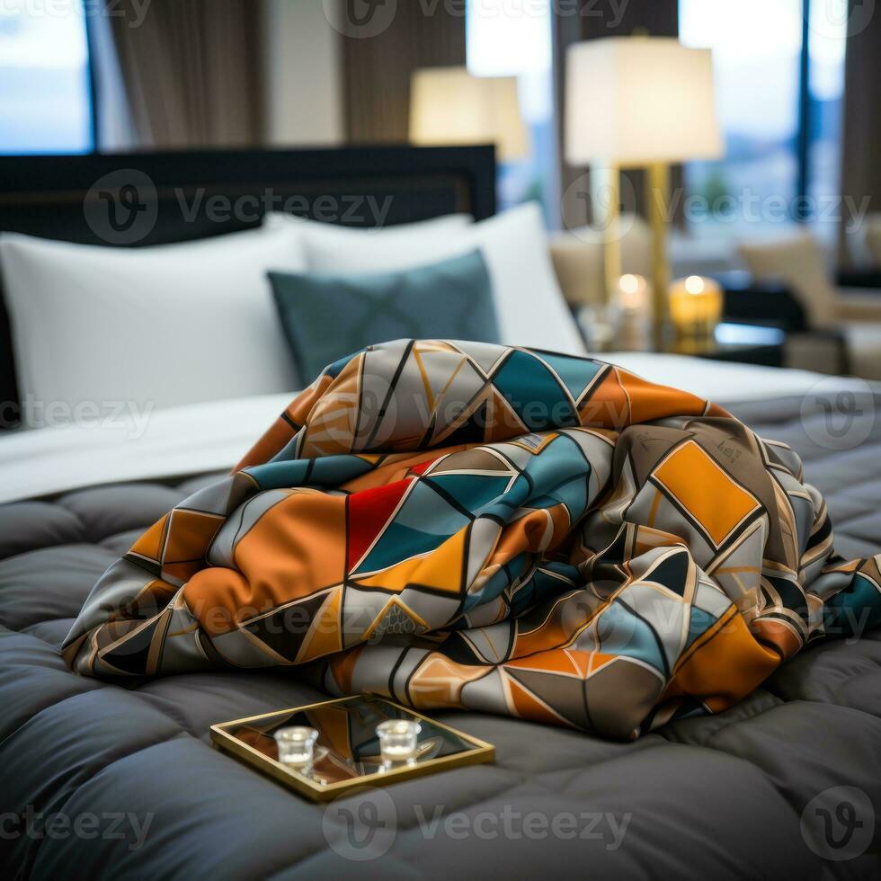 ai generato coperte su materassi, sedie e tavoli siamo nel il interno concetto Casa per alberghi, resort e lusso elegante alloggi, per riposo, rilassante, addormentato foto