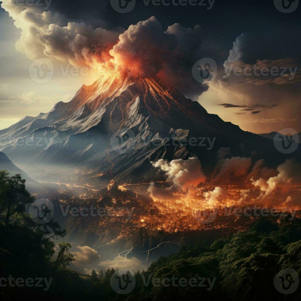 ai generato un attivo vulcano erutta e emette caldo nuvole giù per il versante di il montagna, causando i cambiamenti nel il colore di il nuvole foto