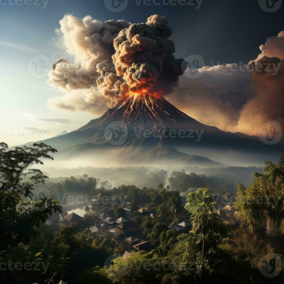 ai generato un attivo vulcano erutta e emette caldo nuvole giù per il versante di il montagna, causando i cambiamenti nel il colore di il nuvole foto