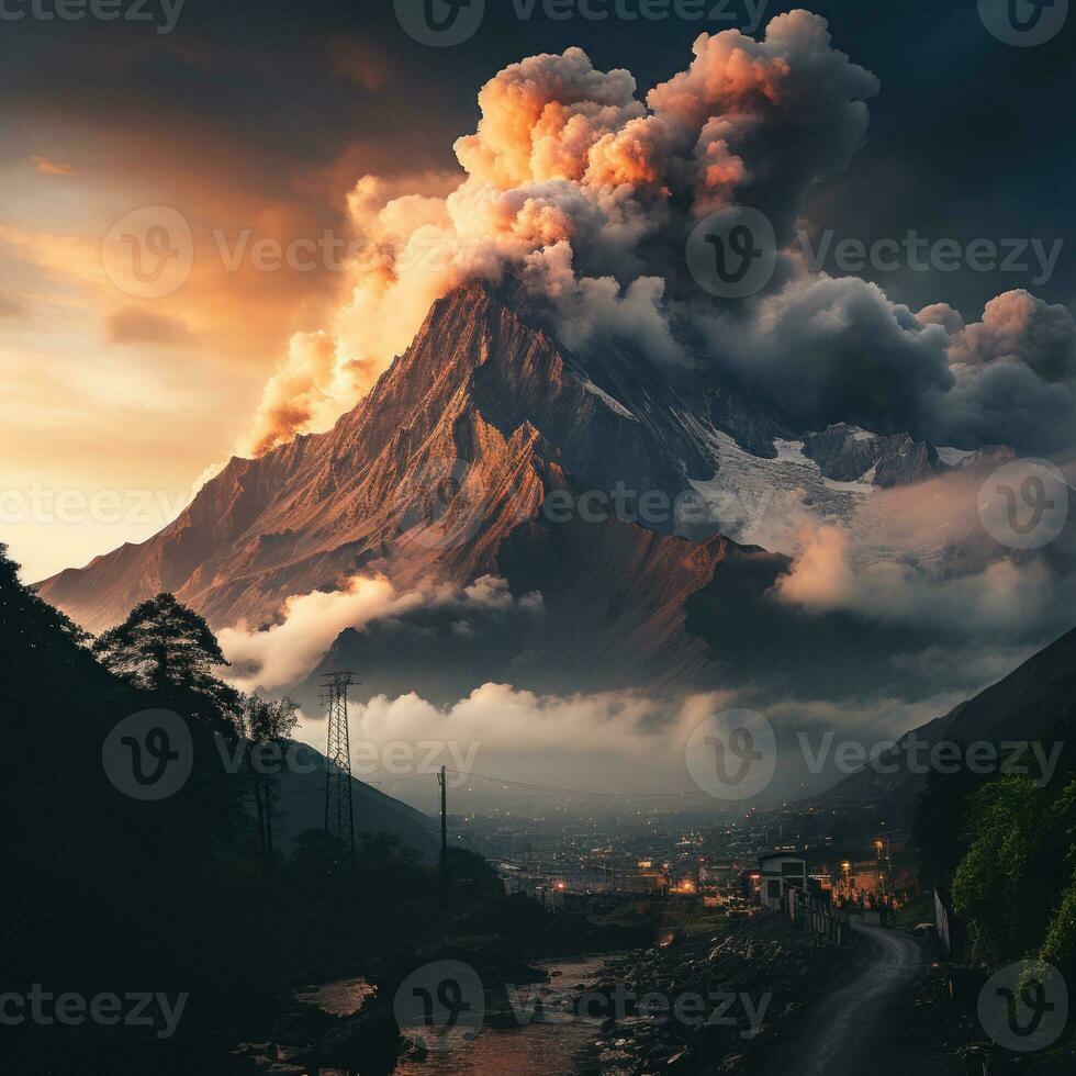 ai generato un attivo vulcano erutta e emette caldo nuvole giù per il versante di il montagna, causando i cambiamenti nel il colore di il nuvole foto