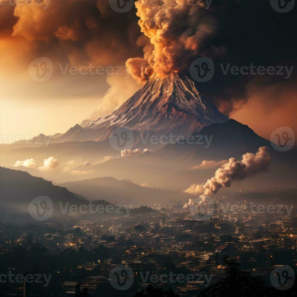 ai generato un attivo vulcano erutta e emette caldo nuvole giù per il versante di il montagna, causando i cambiamenti nel il colore di il nuvole foto