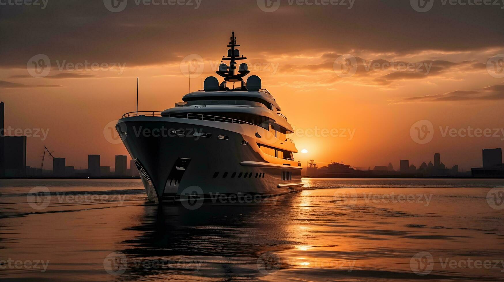 ai generato tramonto serenità, lussuoso yacht su calma acque, città silhouette su tetro orizzonte, eleganza in mezzo arancia e viola cielo tavolozza. foto
