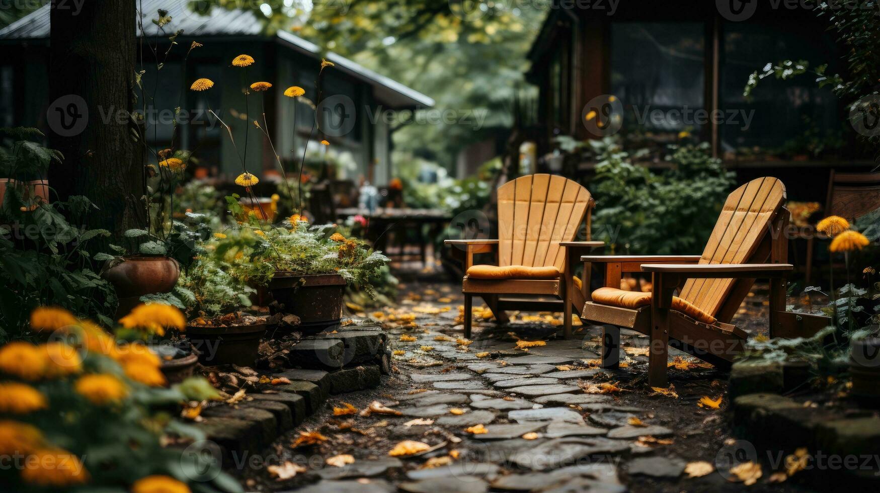 ai generato Giardino dietro la casa giardino terrazza con accogliente di legno sedia, pieno di fiori e verde pianta, ombreggiato la zona un' posto per sedersi e relax. foto