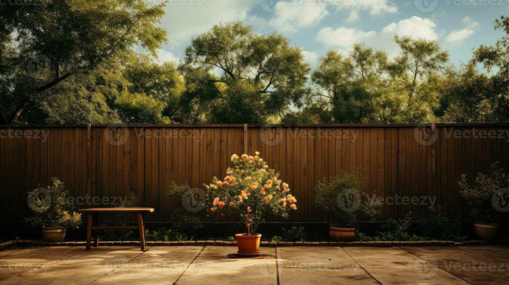 ai generato calcestruzzo terrazza e Giardino dietro la casa casa di legno recinto come un' fondale con alto verde albero e blu cielo nel il sfondo come un' bellissimo natura sfondo. foto