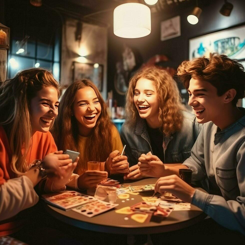 ai generato gruppo di giovane amici avendo un' bene volta, bene gli amici. divertimento volte. di un' gruppo di amici ridendo ai generato foto