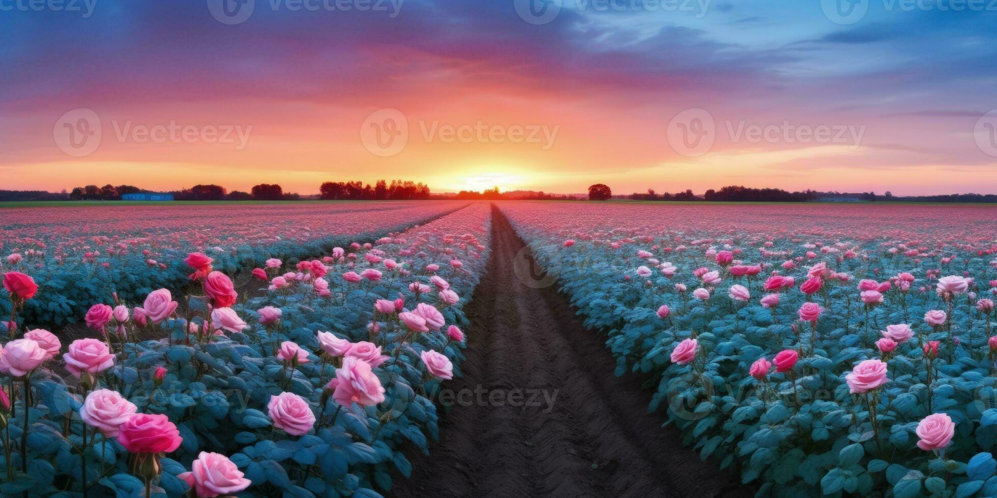 ai generato rosa campo nel il Alba mattina con bellissimo cielo foto