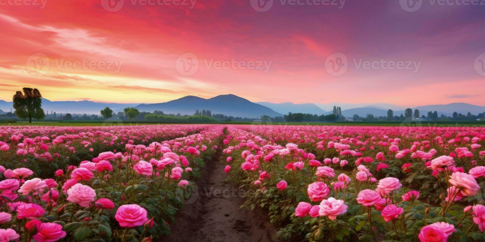 ai generato rosa campo nel il Alba mattina con bellissimo cielo foto