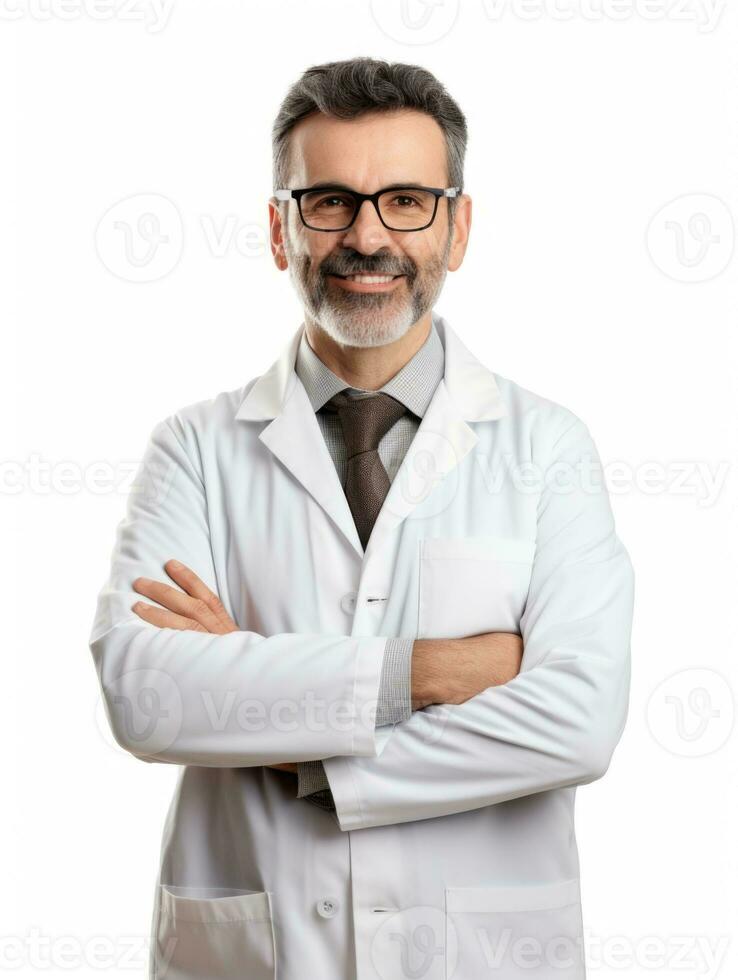 ai generato professionale farmacista nel bianca sfondo foto