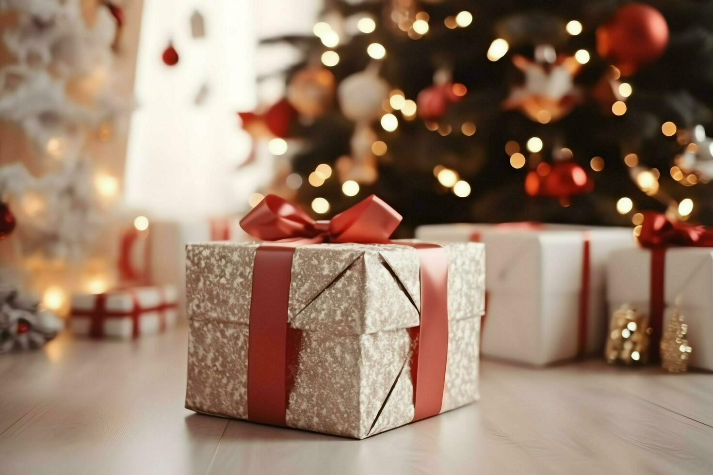 un' Natale regalo, natale o presente scatola oggetti su vacanza umore sfondo nel inverno. allegro Natale concetto di ai generato foto