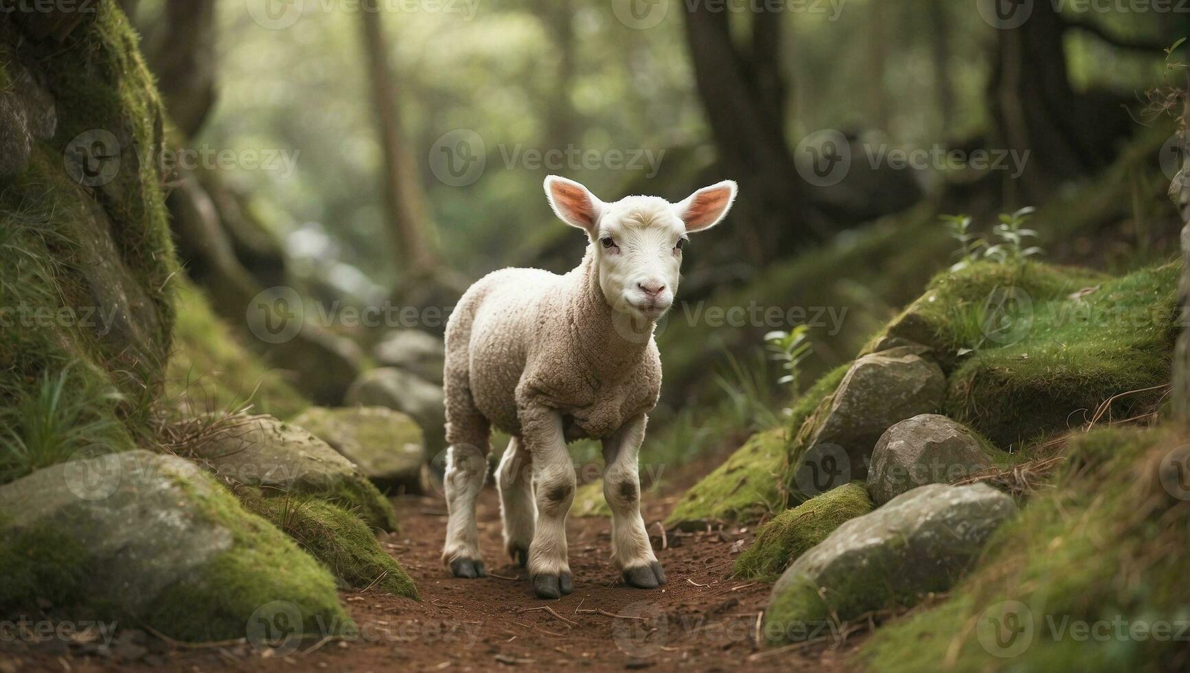 ai generato carino di lana agnello pascolare liberamente nel il verde foresta foto