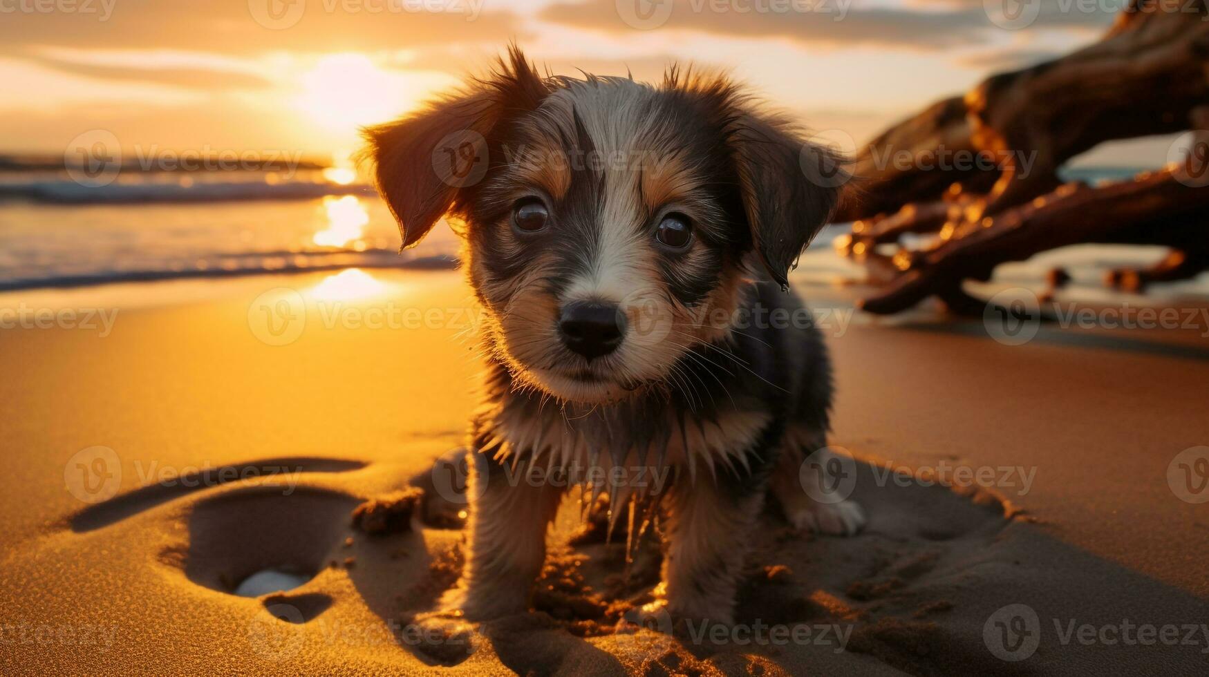 ai generato foto di un' curioso cucciolo esplorando un' sabbioso spiaggia a tramonto. generativo ai