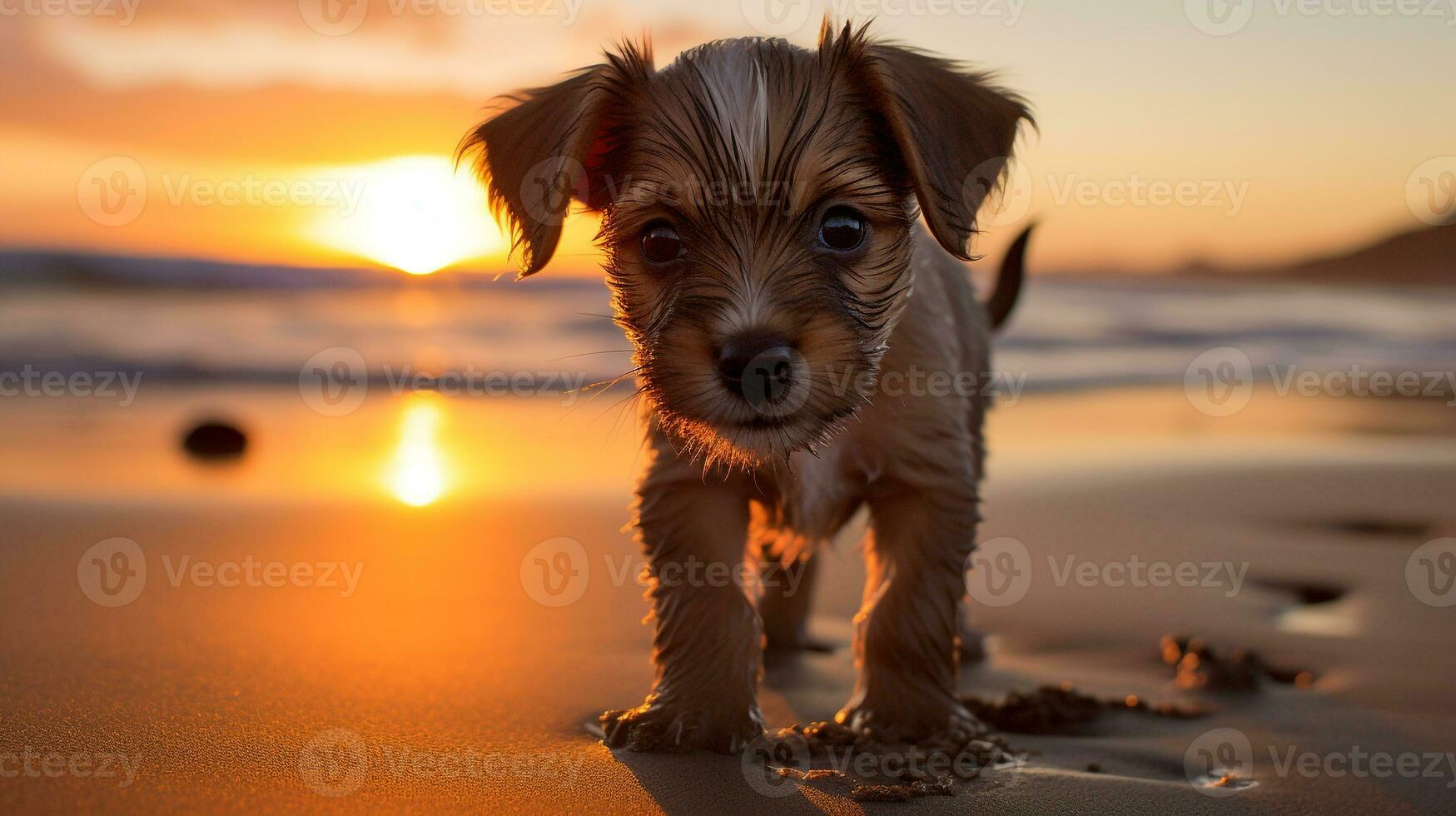 ai generato foto di un' curioso cucciolo esplorando un' sabbioso spiaggia a tramonto. generativo ai