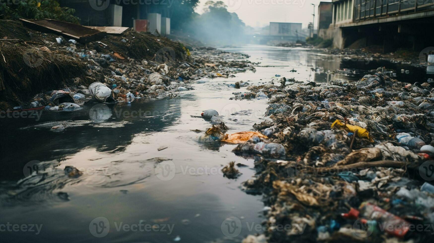 ai generato un' foto di un' inquinata del fiume urto su un' Locale Comunità. generativo ai