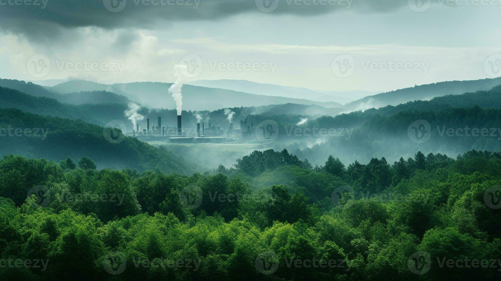 ai generato un' foto di un' lussureggiante, verde foresta contrastato contro un' lontano fabbrica emitting Fumo. generativo ai