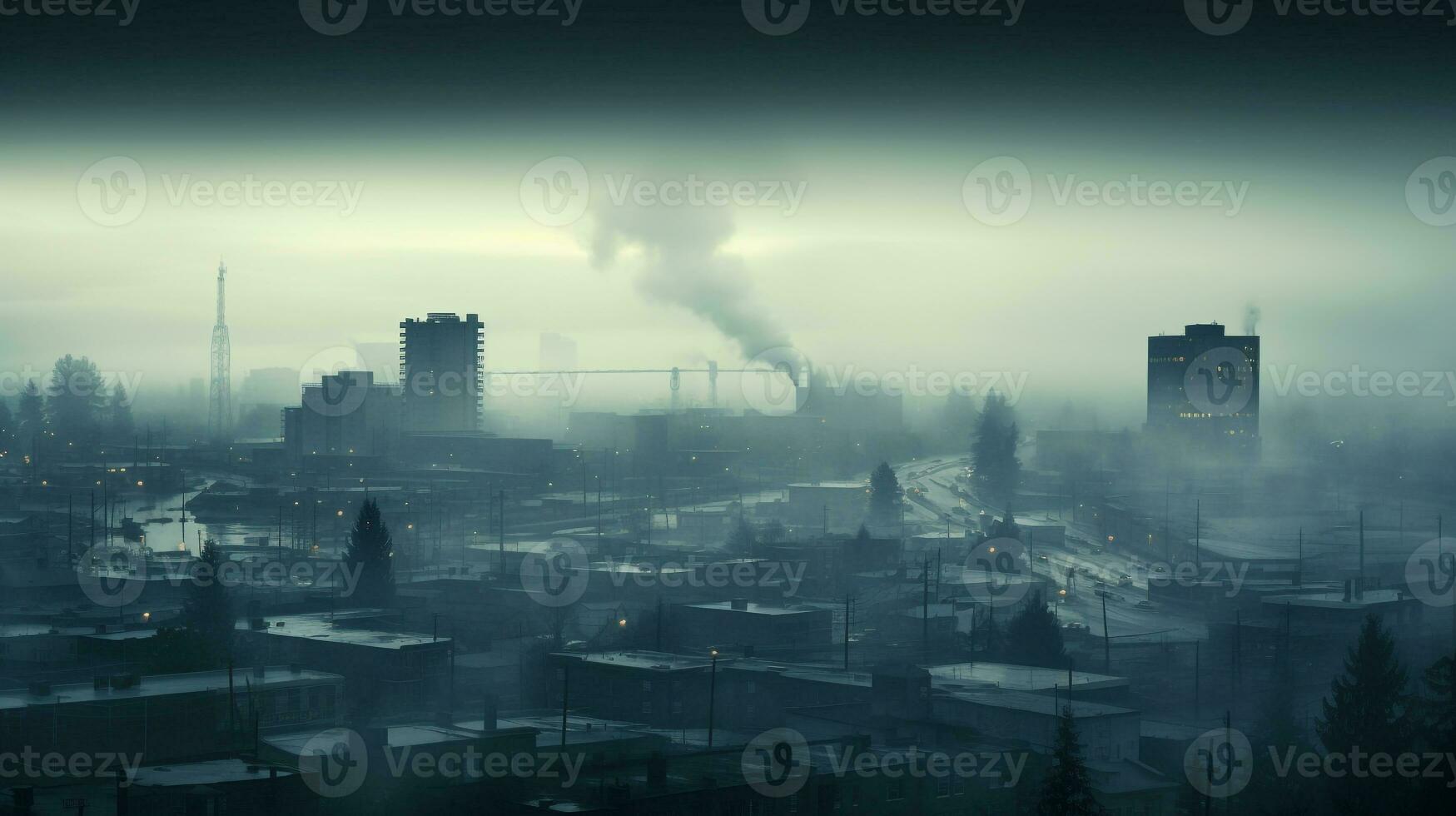 ai generato un' foto di un' paesaggio urbano avvolto nel presto mattina nebbia e fabbrica Fumo. generativo ai