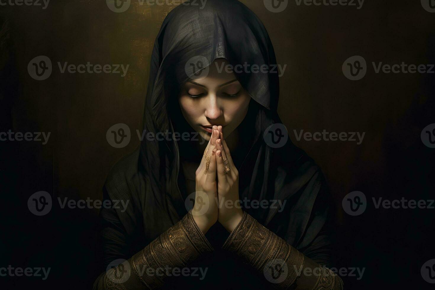 ai generato un' donna preghiere nel un' oscurato camera foto