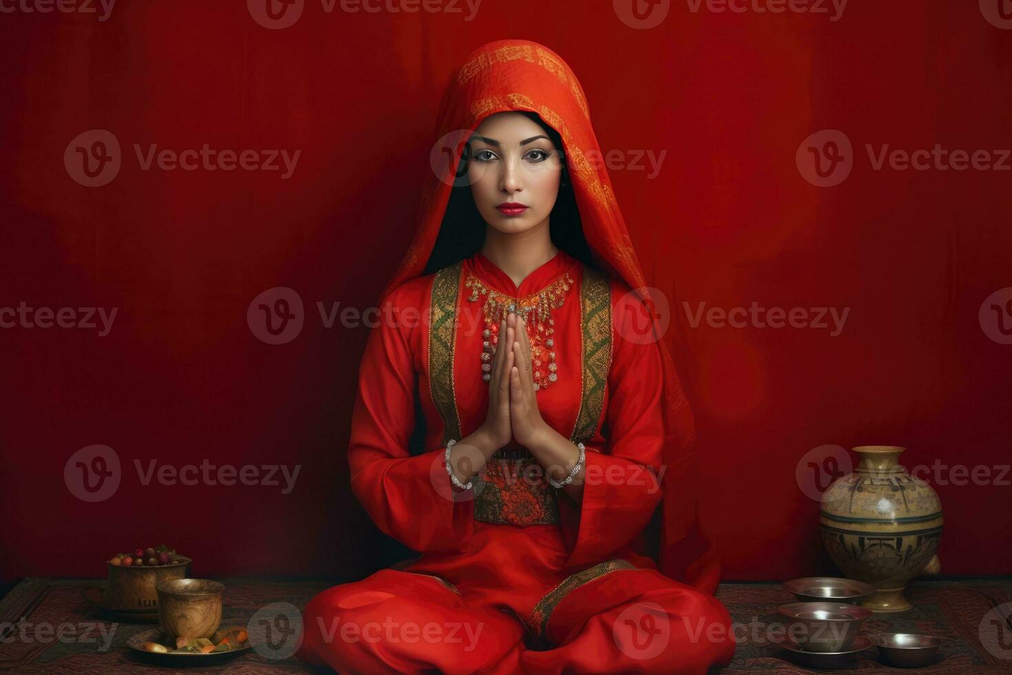 ai generato un' donna praticante meditazione nel un' rosso vestito foto