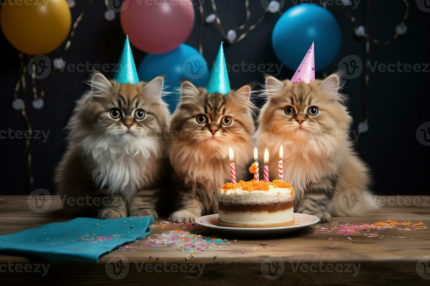 ai generato tre soffice gatti nel festivo caps celebrare un' compleanno a un' di legno tavolo con un' torta. generato di artificiale intelligenza foto