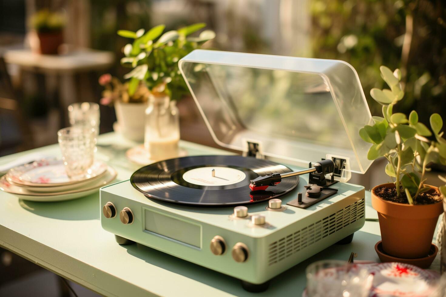 ai generato san valentino Vintage ▾ vinile ascoltando evento con classico cuffie su terrazzo superficie, con polveroso rosa e saggio verde colore tavolozza foto