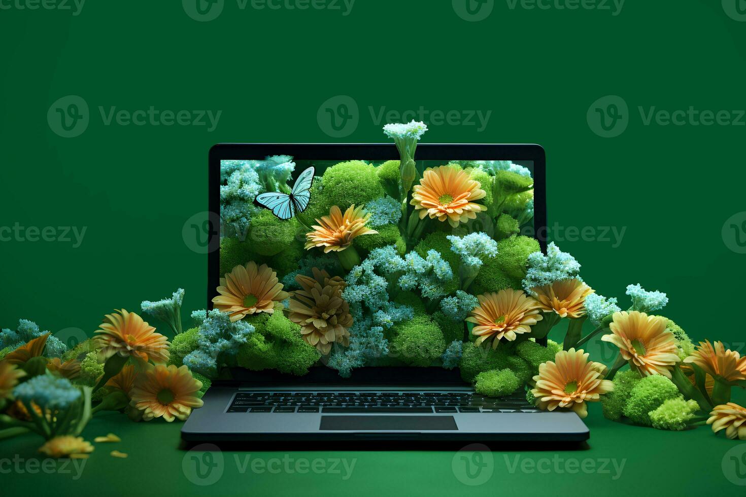 ai generato verde lavoro concetto. il computer portatile con fiori dentro. ai generato foto