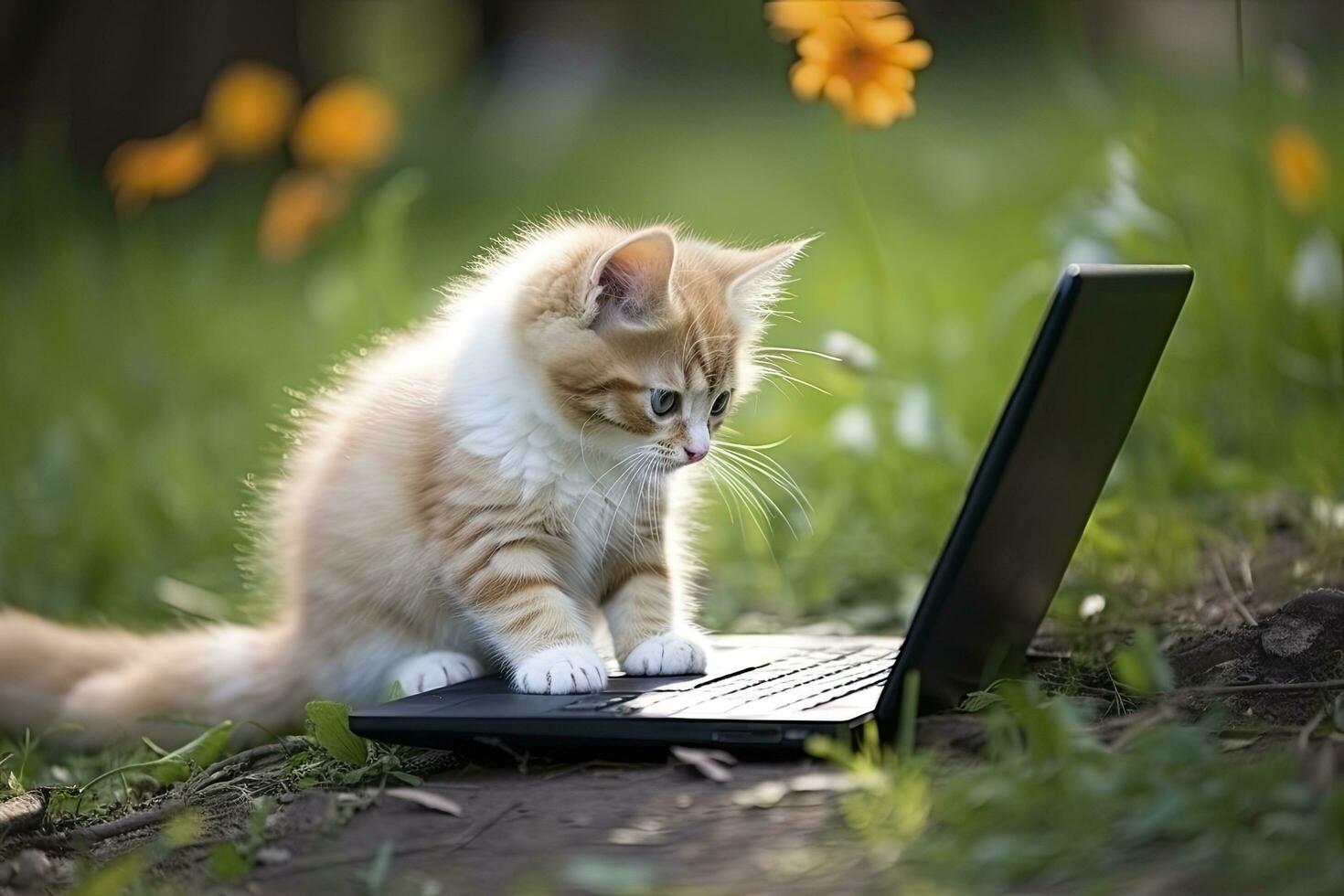 ai generato poco gattino Lavorando su il il computer portatile nel all'aperto sfondo foto