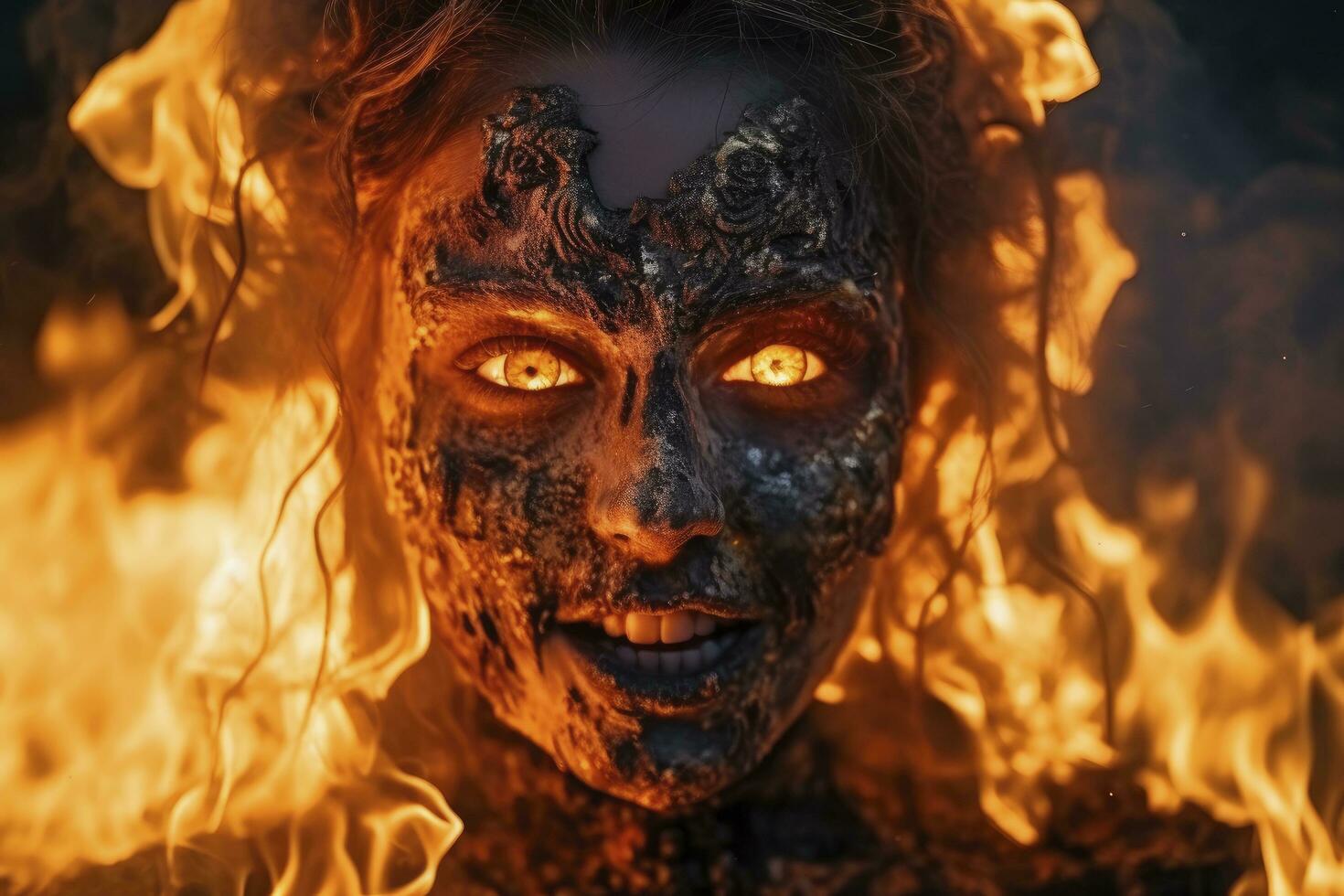 ai generato un' donna con un' fuoco su sua viso è mostrato con un' viso nel il primo piano foto