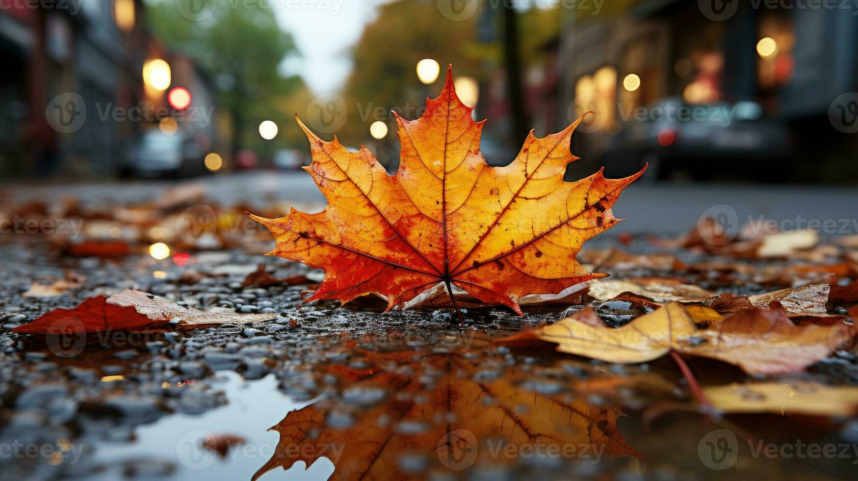 ai generato bellissimo giallo caduto autunno acero foglia su il asfalto di il strada bagnato a partire dal piovere, autunno nel il città foto