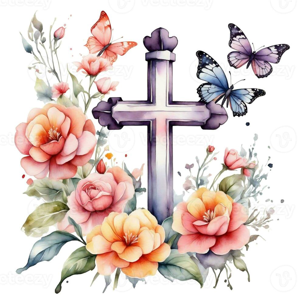 ai generato acquerello cristiano attraversare nel fiori su bianca sfondo foto