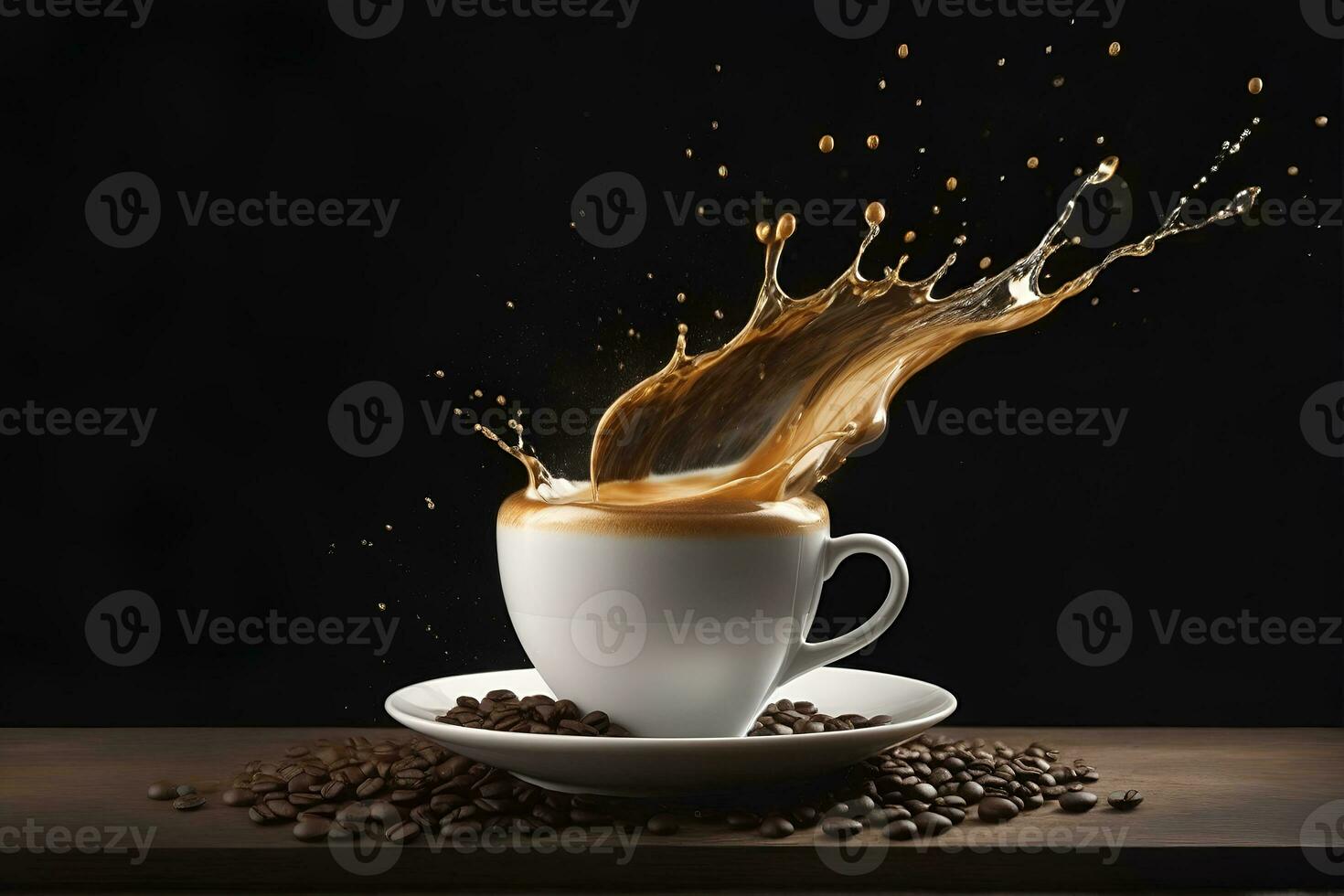 ai generato aromatico caffè spruzzo e schizzare nel un' bicchiere foto