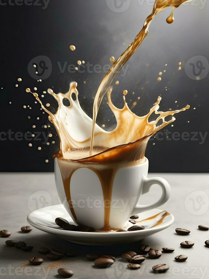 ai generato aromatico caffè spruzzo e schizzare nel un' bicchiere foto