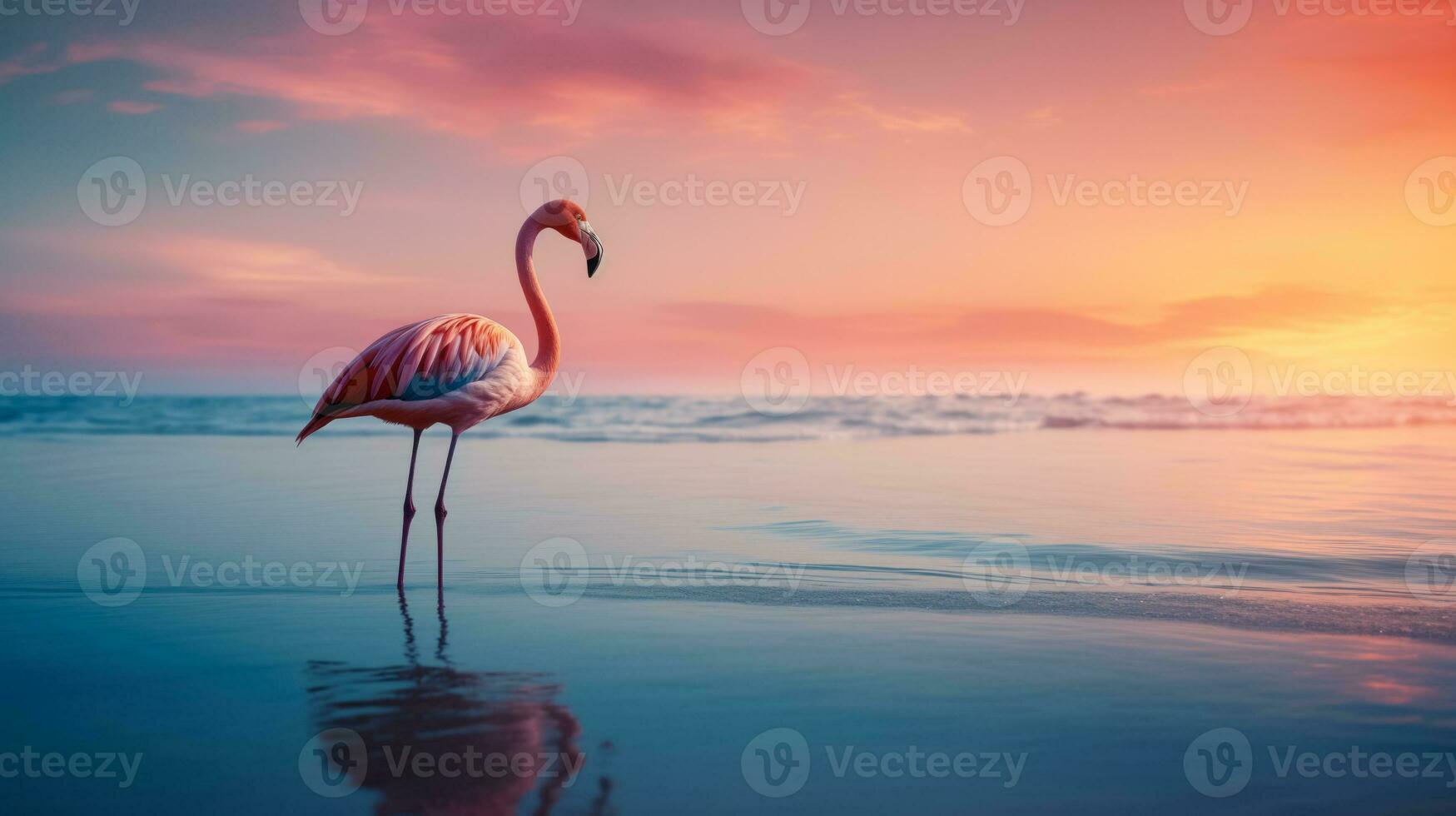 ai generato Alba a tranquillo spiaggia con fenicottero guadare nel superficiale acque e spazio per testo foto