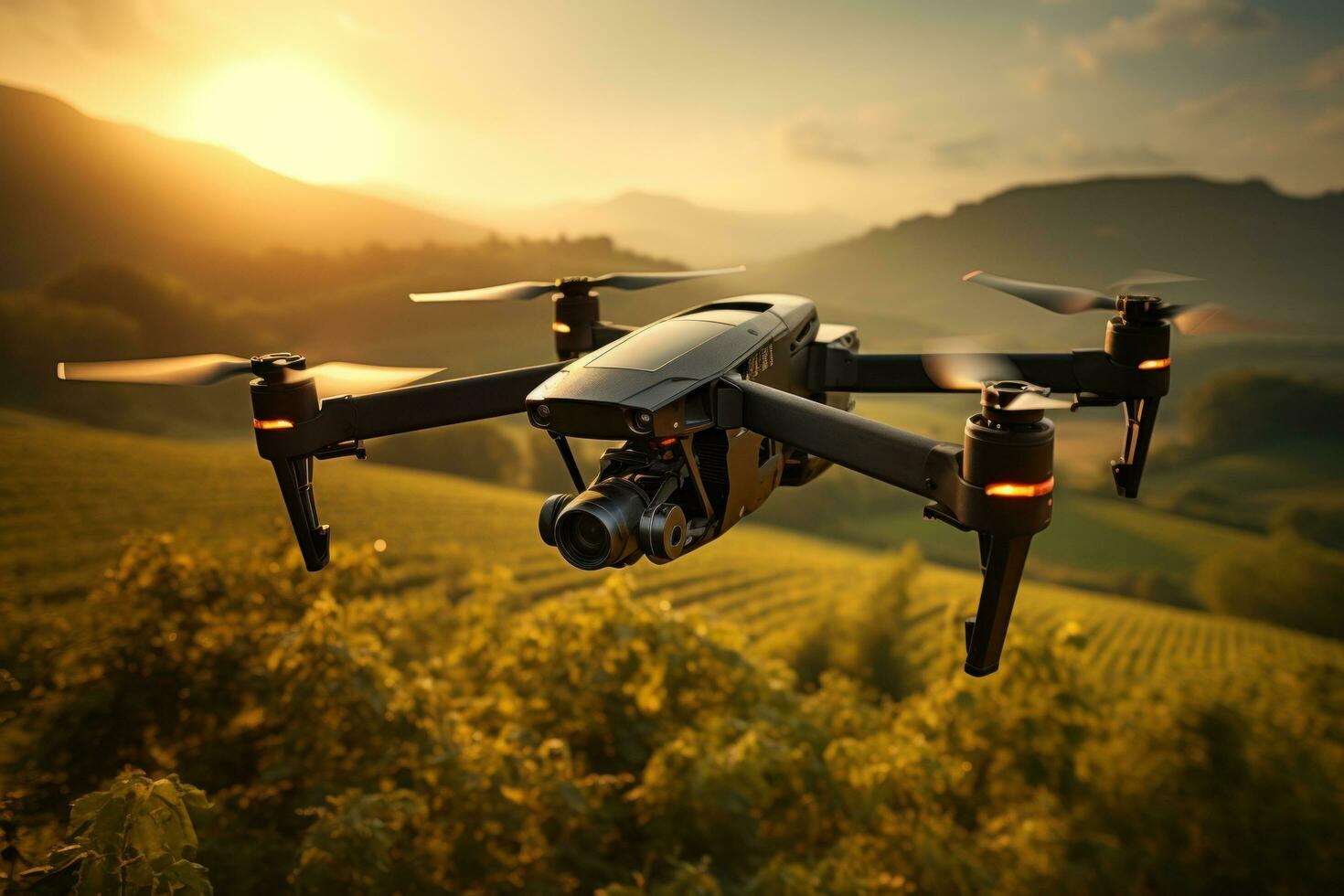 ai generato aereo Visualizza di azienda agricola fuco volante al di sopra di campagna, tramonto foto