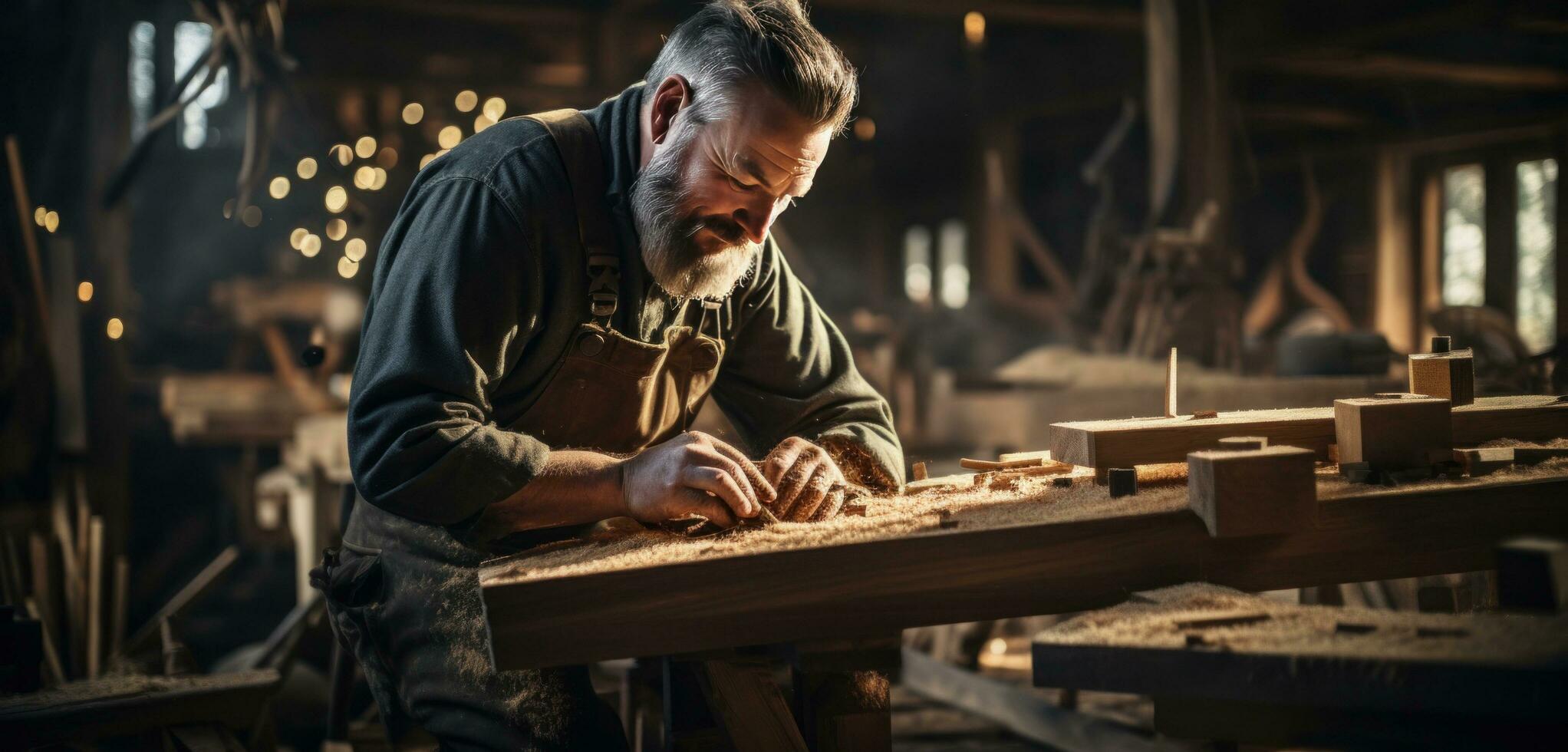 ai generato un' uomo è Lavorando su un' di legno sedia a un' di legno laboratorio foto