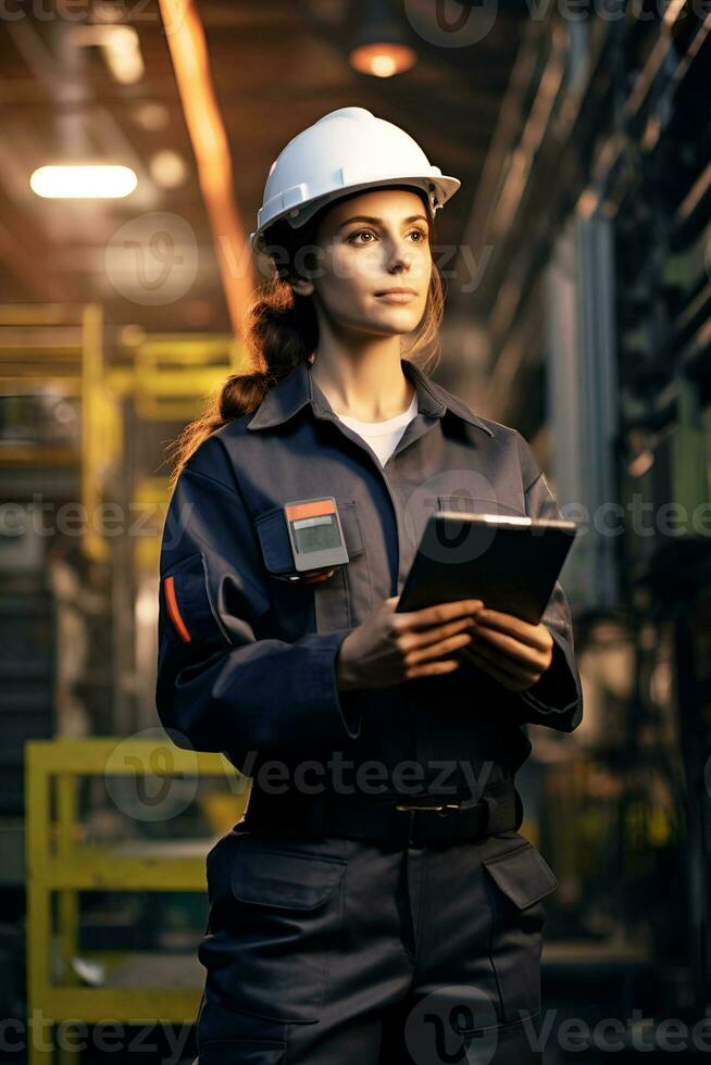 ai generato giovane donna lavoratore specialista ingegnere nel uniforme difficile cappello con tavoletta nel mani nel un industriale laboratorio o produzione fabbrica foto