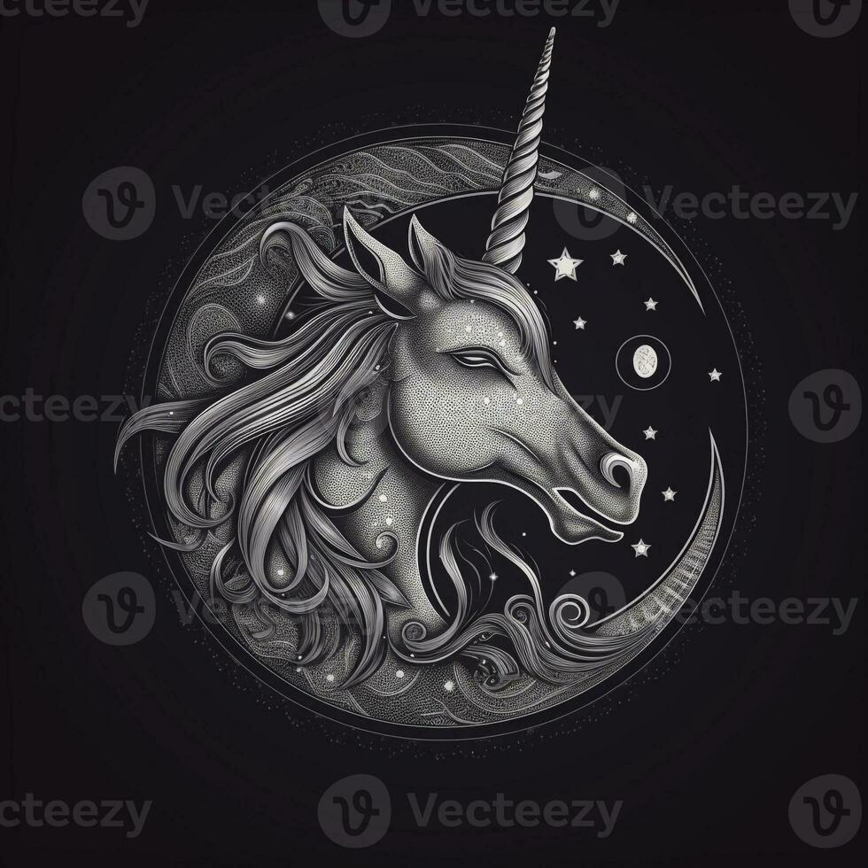 ai generato abbozzato logo con un' unicorno testa nel grigio su un' nero sfondo. generativo ai foto