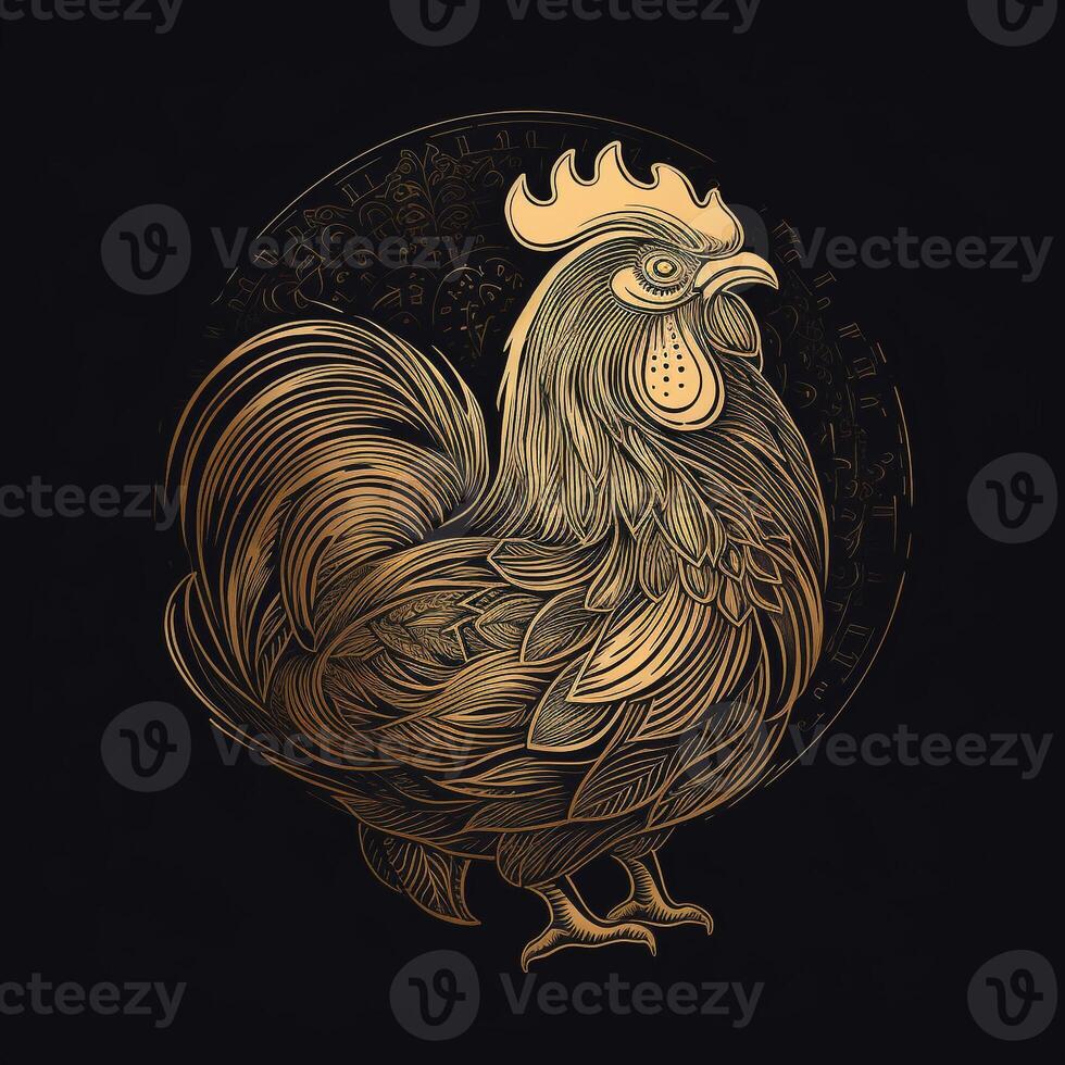 ai generato abbozzato logo con un' pollo nel oro su un' nero sfondo. generativo ai foto