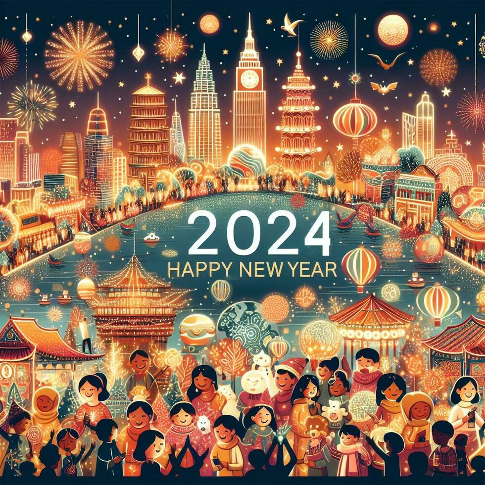 ai generato contento nuovo anno 2024 con un' benvenuto celebrazione di tutti nel il mondo foto