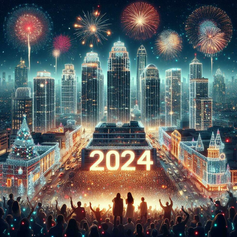 ai generato contento nuovo anno 2024 nel il mezzo di un' vivace città con alto e bellissimo fuochi d'artificio foto