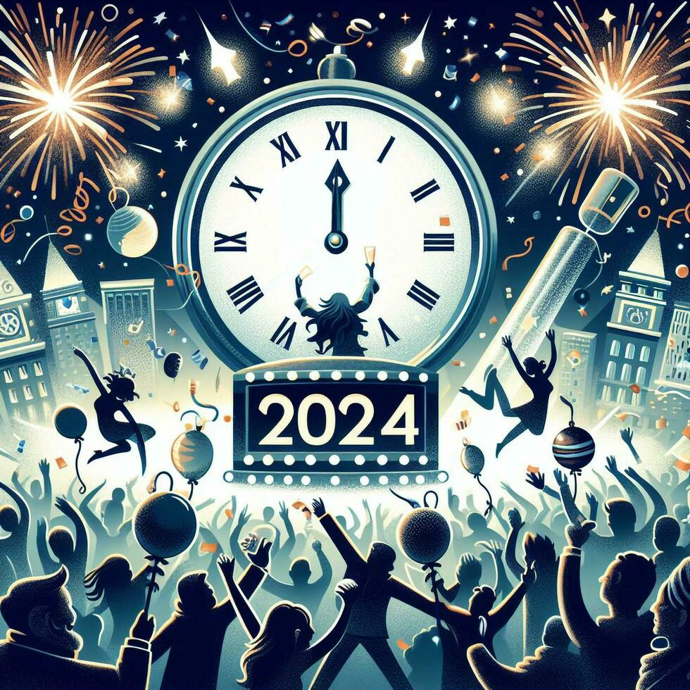 ai generato contento nuovo anno 2024 con un illustrazione di tutti festeggiare nel davanti di un' grande orologio foto