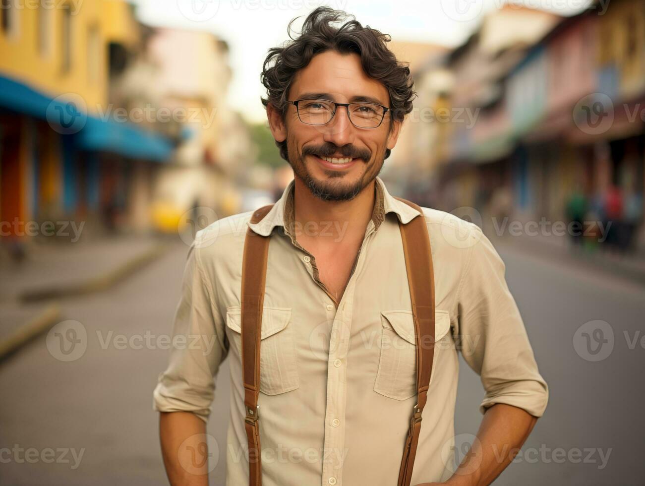 ai generato un' giovane latino americano, messicano uomo indossare bicchieri su il strada di un' latino americano città. un' felice, non ricco uomo. fotorealistico, sfondo con bokeh effetto. ai generato. foto