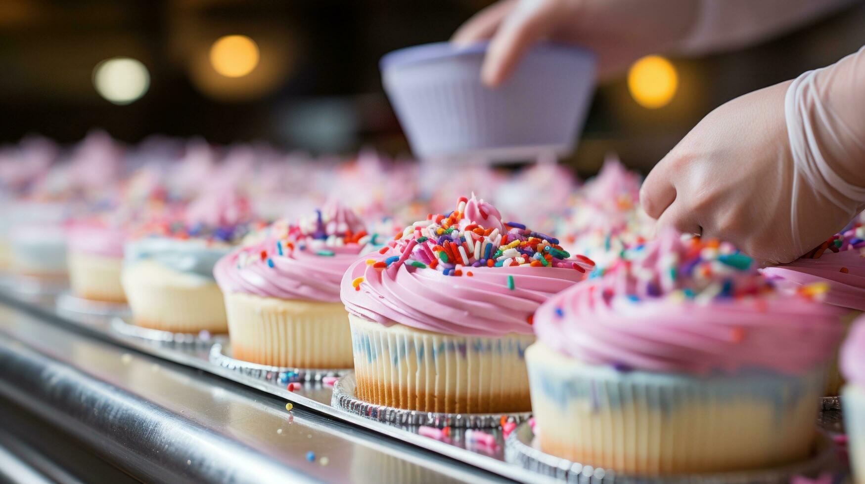 ai generato panettiere tubatura glassa su un' torta, con un' varietà di colorato glasse e spruzzatori nel il sfondo foto