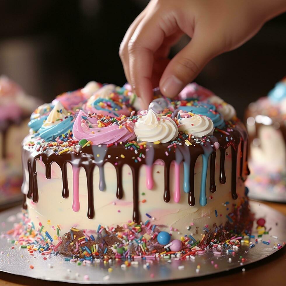 ai generato panettiere tubatura glassa su un' torta, con un' varietà di colorato glasse e spruzzatori nel il sfondo foto