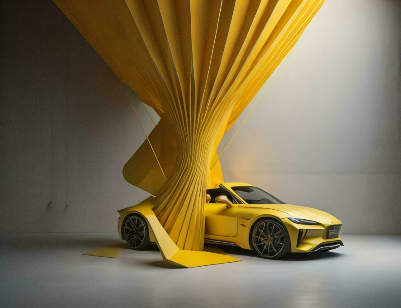 ai generato giallo auto avvolto nel un' giallo foglio di carta. generativo ai foto