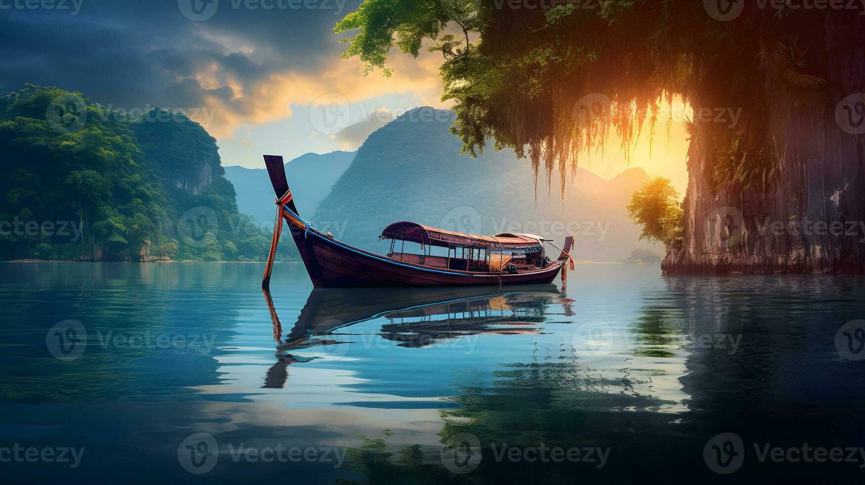 ai generato pescatore barca su il lago con nebbioso montagne sfondo foto