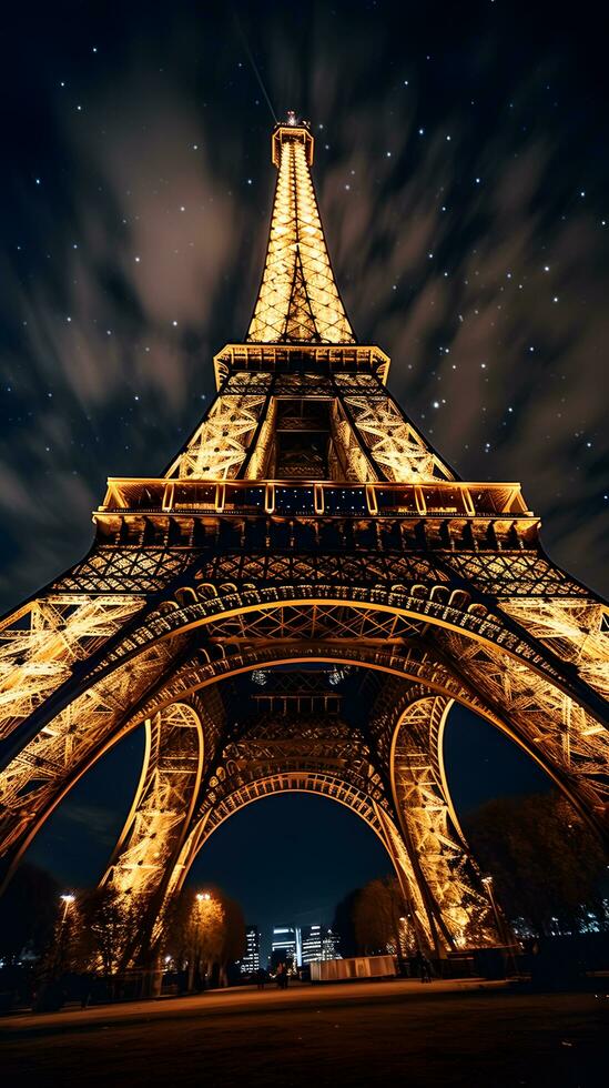 ai generato eiffel Torre a notte nel Parigi, Francia foto