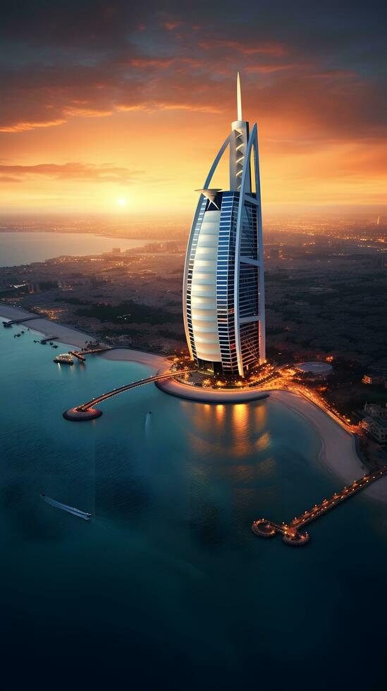 ai generato burj al arabo a tramonto nel dubai, unito arabo Emirates foto