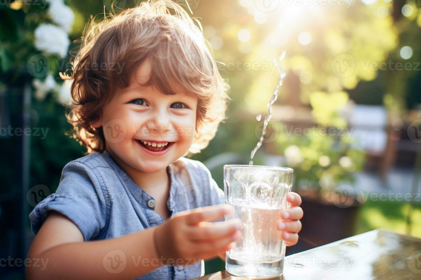 ai generato un' bello sorridente ragazzo bevande acqua a partire dal un' bicchiere mentre seduta a un' tavolo nel natura nel il villaggio foto