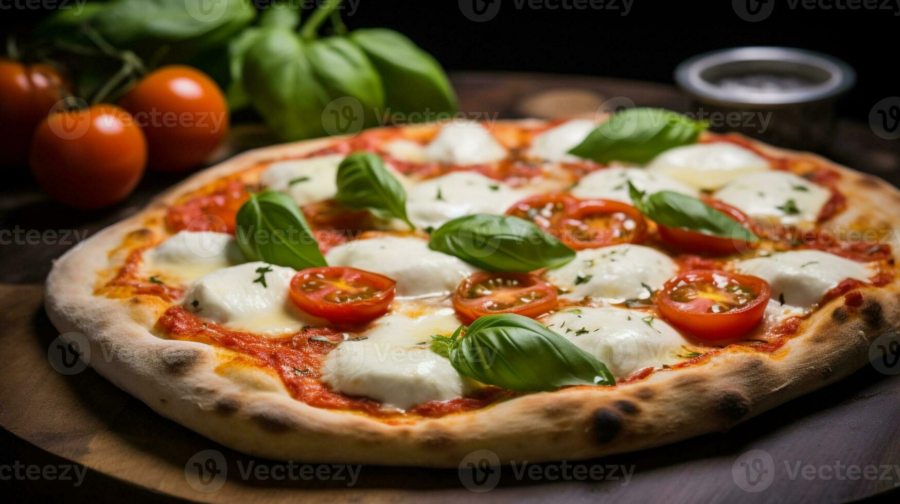 ai generato fresco succoso Pizza con Mozzarella formaggio, pomodori, e basilico erbe aromatiche su un' nero sfondo foto