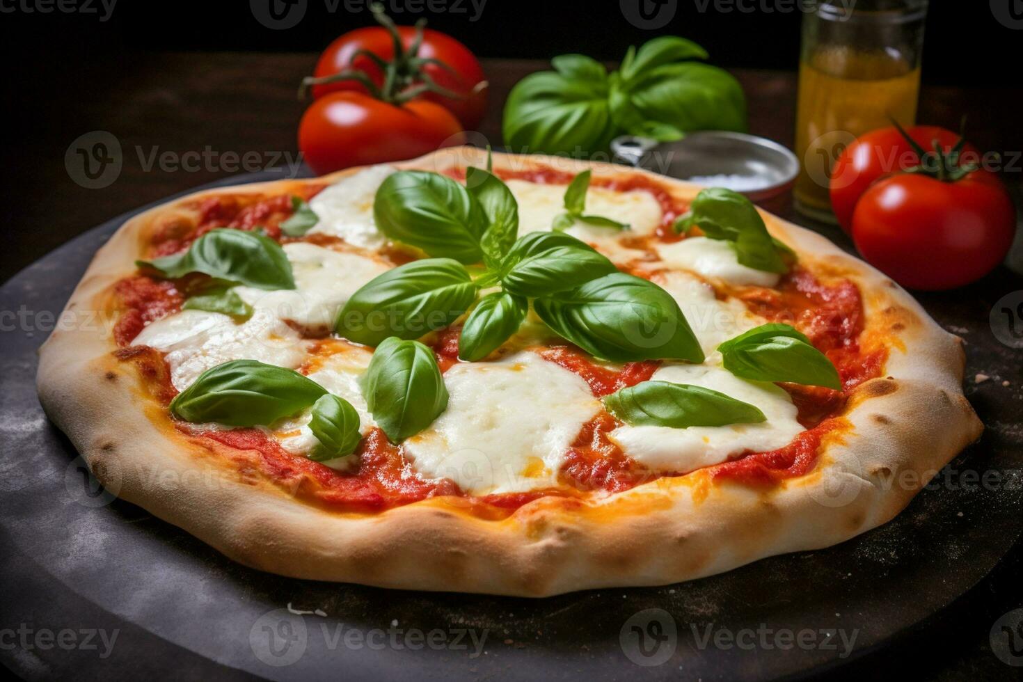ai generato fresco succoso Pizza con Mozzarella formaggio, pomodori, e basilico erbe aromatiche su un' nero sfondo foto
